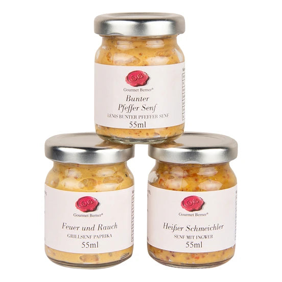 Geschenkset Dreierlei Senf mit Ingwer, buntem Pfeffer und Paprika