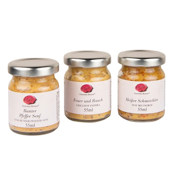 Geschenkset Dreierlei Senf mit Ingwer, buntem Pfeffer und Paprika