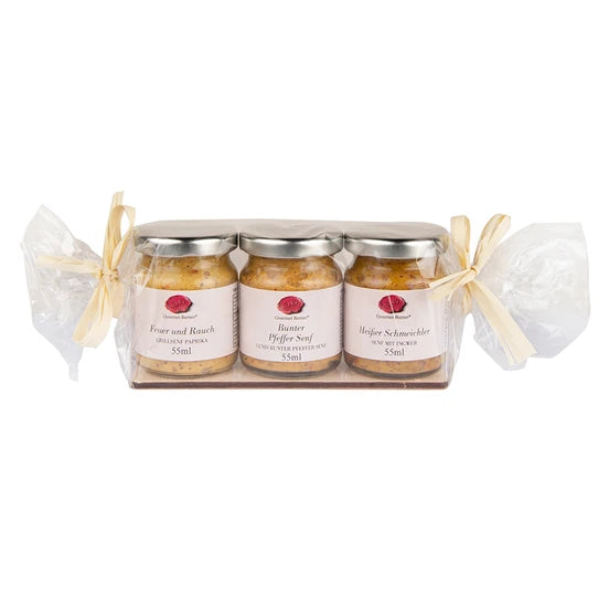 Geschenkset Dreierlei Senf mit Ingwer, buntem Pfeffer und Paprika